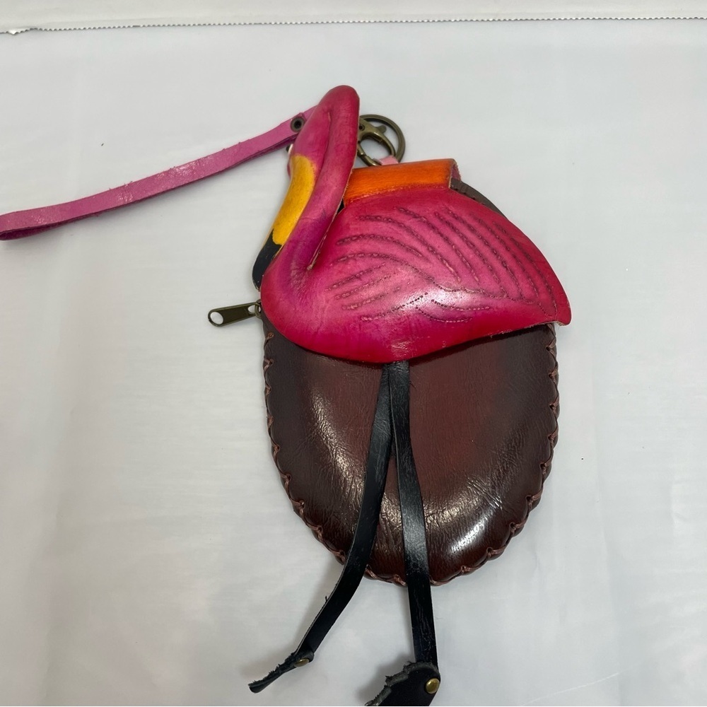 Flamingo Design Leather wristlet Bag. Hand crafted over stitch. Unique. Coins